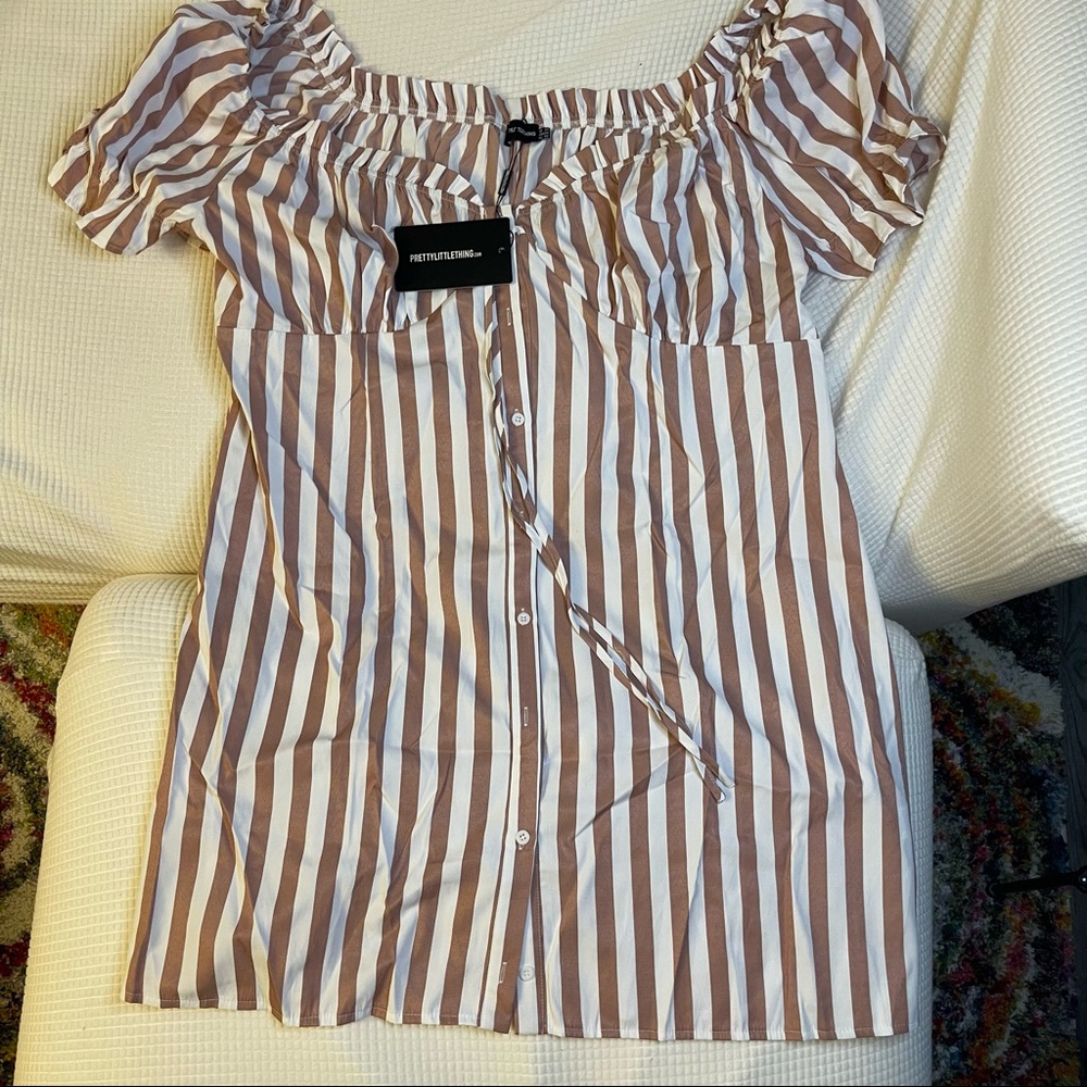 Pretty Little Thing Plus Size Pink Striped Bardot Button Front Shift Dress US 20